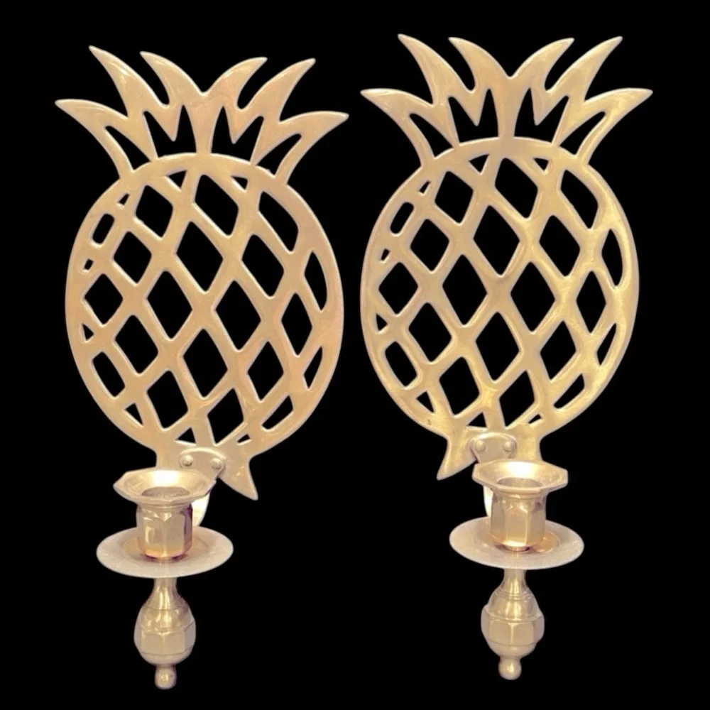 Vintage Brass Pineapple Wall Sconces Pair Taper Candlestick Holders 11.5” Decor